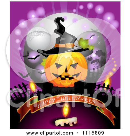 Clipart Happy Halloween Banner Under A Jackolantern With A Witch Hat And Candle In A Cemetery - Royalty Free Vector Illustration by merlinul