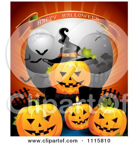 Clipart Happy Halloween Banner Over A Jackolantern With A Witch Hat In A Cemetery - Royalty Free Vector Illustration by merlinul