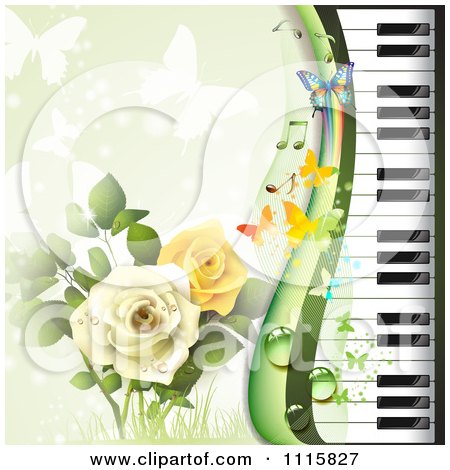 Clipart Piano Keyboard And Rose Background With Butterflies On Green - Royalty Free Vector Illustration by merlinul