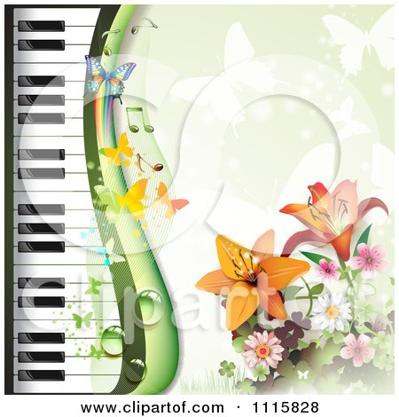 Clipart Piano Keyboard And Lily Background With Butterflies On Green - Royalty Free Vector Illustration by merlinul
