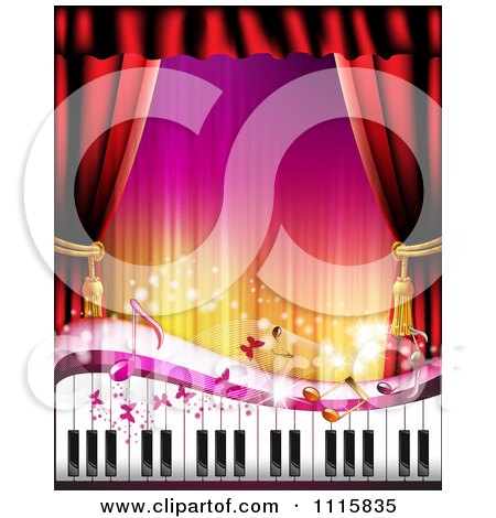 Clipart Piano Keyboard With Butterflies And Curtains Around Copyspace - Royalty Free Vector Illustration by merlinul