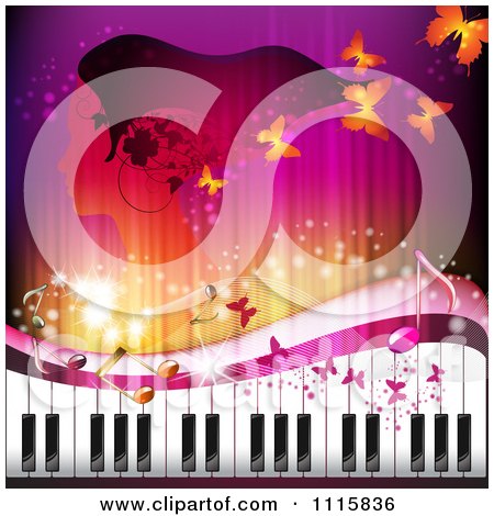 Clipart Piano Keyboard With Butterflies And A Woman In Profile - Royalty Free Vector Illustration by merlinul