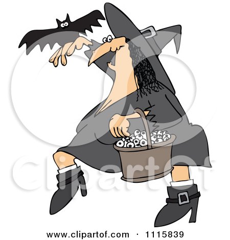 Clipart Halloween Witch With A Bat And A Basket Of Eyeballs - Royalty Free Vector Illustration by djart