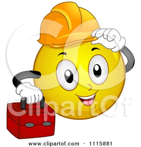 Clipart Construction Worker Smiley Carrying A Tool Box And Tipping His Hard Hat - Royalty Free Vector Illustration by BNP Design Studio