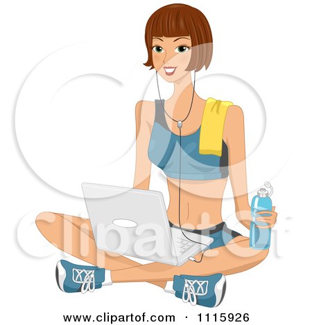 Clipart Fit Woman In Exercise Clothes Using A Laptop On The Floor - Royalty Free Vector Illustration by BNP Design Studio