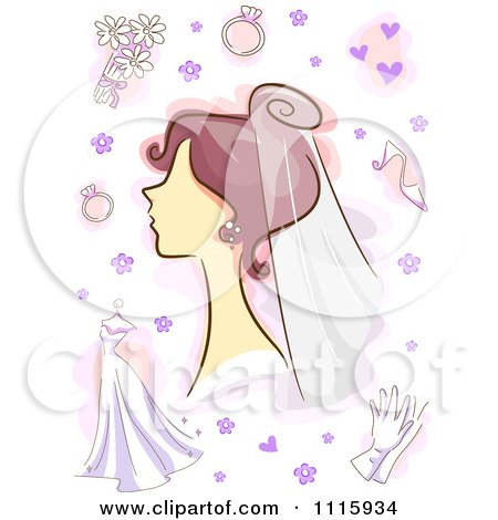Clipart Bride With Wedding Items And Purple Flowers And Hearts - Royalty Free Vector Illustration by BNP Design Studio