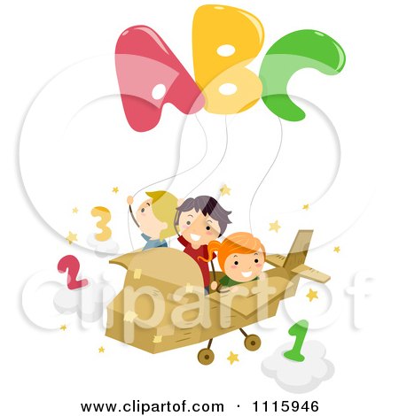 Clipart Happy Kids Flying A Cardboard Plane With Abc Balloons - Royalty Free Vector Illustration by BNP Design Studio