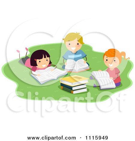 Clipart Happy Kids Reading School Books In A Park - Royalty Free Vector Illustration by BNP Design Studio