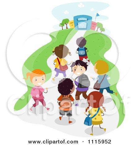 Clipart Happy Diverse Kids Walking Towards A School Building - Royalty Free Vector Illustration by BNP Design Studio
