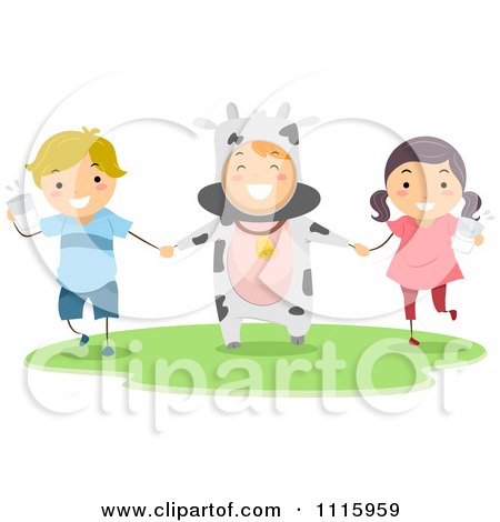 Clipart Happy Kids Holding Milk And Standing With A Cow Mascot - Royalty Free Vector Illustration by BNP Design Studio