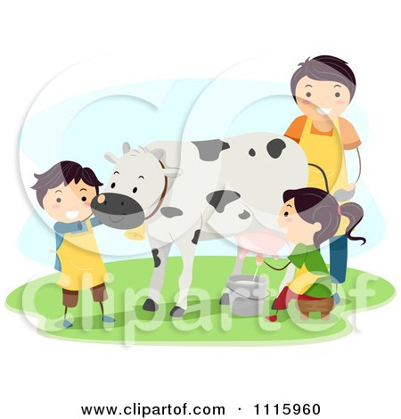 Clipart Happy Kids Milking A Cow - Royalty Free Vector Illustration by BNP Design Studio
