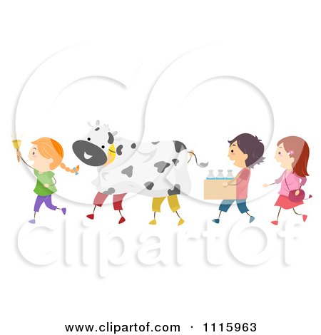 Clipart Happy Kids With A Cow Costume And Milk Bottles - Royalty Free Vector Illustration by BNP Design Studio