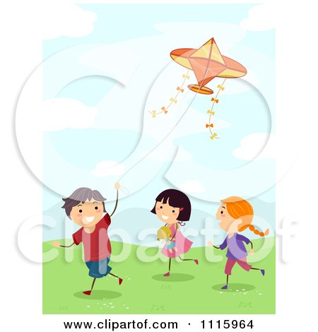 Clipart Happy Kids Flying A Plane Kite Outside - Royalty Free Vector Illustration by BNP Design Studio