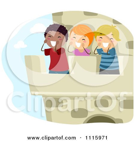 Clipart Happy Diverse Kids Shouting From A Castle Turret - Royalty Free Vector Illustration by BNP Design Studio