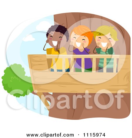 Clipart Happy Diverse Kids Shouting From A Tree House - Royalty Free Vector Illustration by BNP Design Studio