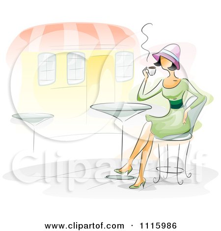 Clipart Watercolor Painted Woman Drinking Coffee At An Outdoor Cafe - Royalty Free Vector Illustration by BNP Design Studio