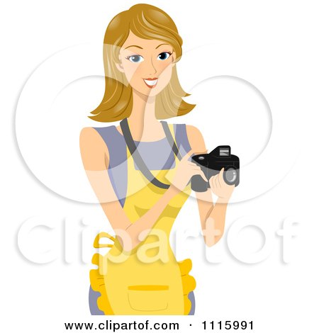 Clipart Happy Blond Woman Wearing An Apron And Taking Food Photos - Royalty Free Vector Illustration by BNP Design Studio