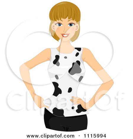 Clipart Happy Woman Wearing A Cow Patterned Shirt - Royalty Free Vector Illustration by BNP Design Studio