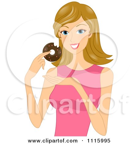 Clipart Happy Blond Woman Eating A Chocolate Donut - Royalty Free Vector Illustration by BNP Design Studio