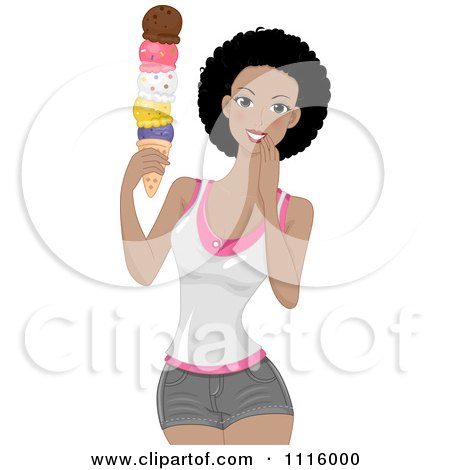Clipart Happy Black Woman Holding An Ice Cream Cone With Five Scoops - Royalty Free Vector Illustration by BNP Design Studio