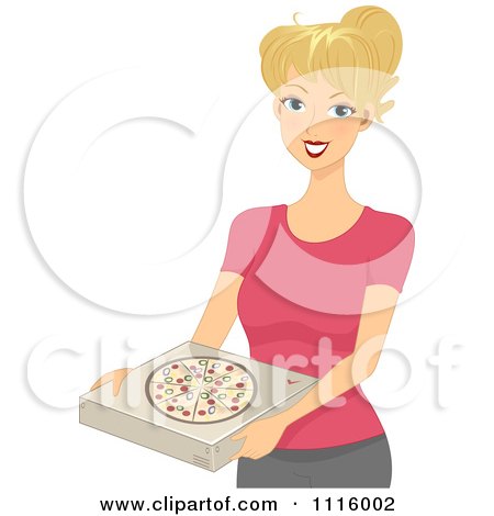 Clipart Happy Blond Woman Holding A Pizza Box - Royalty Free Vector Illustration by BNP Design Studio