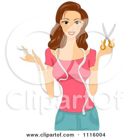 Clipart Beautiful Brunette Seamstress With Measuring Tape And Scissors - Royalty Free Vector Illustration by BNP Design Studio