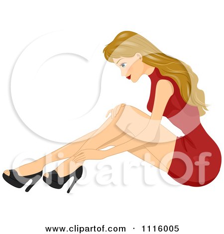 Clipart Sexy Blond Woman In A Red Dress, Sitting And Looking At Her Heels - Royalty Free Vector Illustration by BNP Design Studio