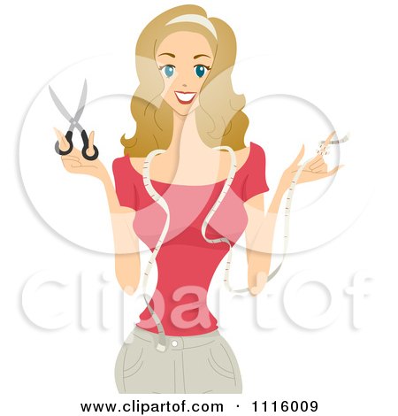 Clipart Happy Blond Fashion Designer Holding Scissors And Measuring Tape - Royalty Free Vector Illustration by BNP Design Studio