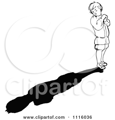 Clipart Retro Vintage Black And White Boy Looking Back At His Shadow - Royalty Free Vector Illustration by Prawny Vintage