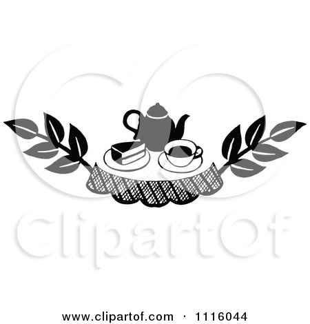 Clipart Retro Vintage Black And White Cake And Tea Design Element - Royalty Free Vector Illustration by Prawny Vintage