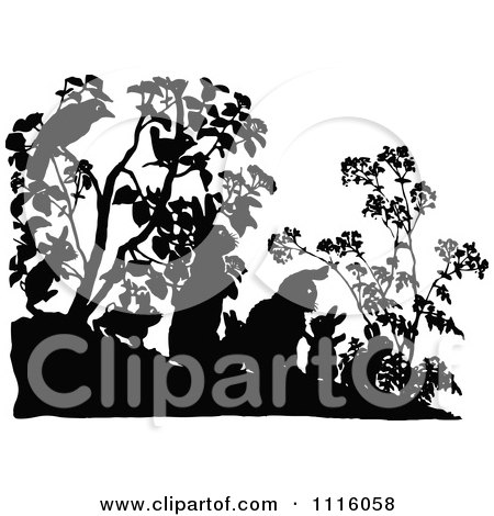Clipart Retro Vintage Black And White Silhouetted Rabbit Family And Birds In Shrubs - Royalty Free Vector Illustration by Prawny Vintage
