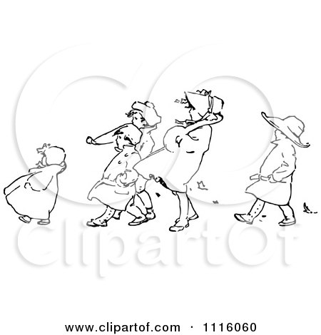 Clipart Retro Vintage Black And White Children Walking Against The Wind - Royalty Free Vector Illustration by Prawny Vintage
