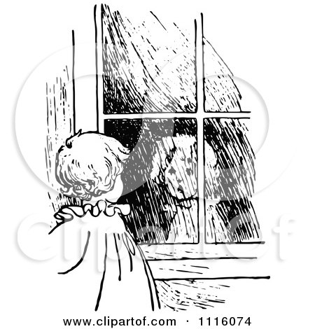 Clipart Retro Vintage Black And White Girl Looking At Her Reflection In A Window - Royalty Free Vector Illustration by Prawny Vintage