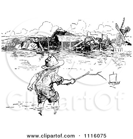 Clipart Retro Vintage Black And White Boy Reaching Out For A Toy Boat In A Flooded River - Royalty Free Vector Illustration by Prawny Vintage