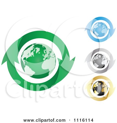 Clipart  Recycle Arrows Around Green Blue Grayscale And Gold Globes - Royalty Free Vector Illustration by Andrei Marincas