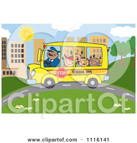 Clipart Happy School Bus Driver And Children On A City Road - Royalty Free Vector Illustration by Hit Toon
