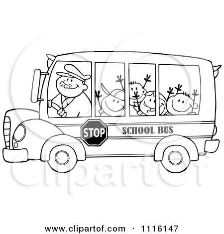 Clipart Outlined Happy School Bus Driver And Children - Royalty Free Vector Illustration by Hit Toon