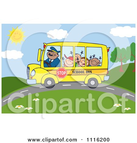Clipart Happy School Bus Driver And Children On A Country Road - Royalty Free Vector Illustration by Hit Toon