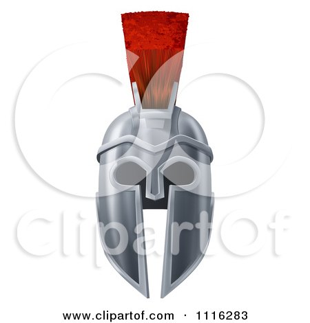 Clipart 3d Silver Trojan Spartan Helmet With A Red Mohawk From The Front - Royalty Free Vector Illustration by AtStockIllustration