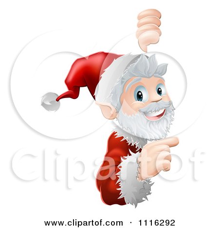 Clipart Cheerful Santa Looking Around And Pointing To A Sign - Royalty Free Vector Illustration by AtStockIllustration
