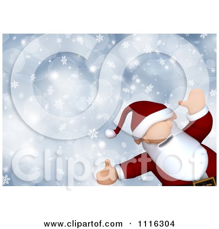 Clipart 3d Santa Waving Over Blue Snowflakes - Royalty Free CGI Illustration by KJ Pargeter