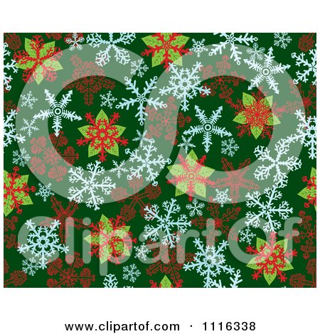 Clipart Seamless Poinsettia And Snowflake Background Pattern On Green - Royalty Free Vector Illustration by Cherie Reve