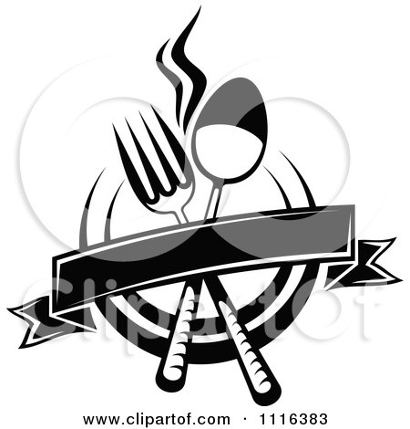 Clipart Black And White Dining And Restaurant Menu Silverware Banner And Plate - Royalty Free Vector Illustration by Vector Tradition SM