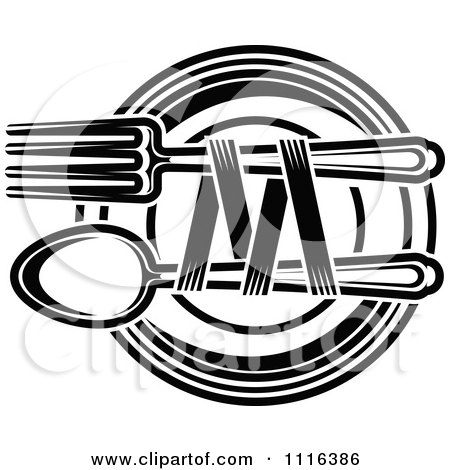 Clipart Black And White Dining And Restaurant Menu Silverware And Plate 1 - Royalty Free Vector Illustration by Vector Tradition SM