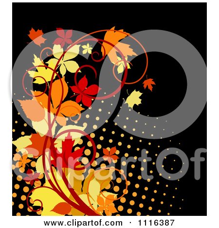 Clipart Scroll Vine With Autumn Leaves Over Halftone On Black - Royalty Free Vector Illustration by Vector Tradition SM