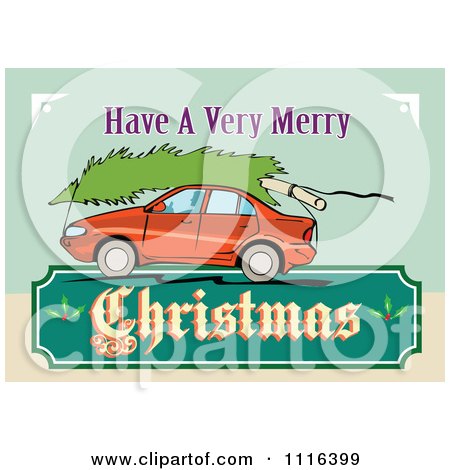 Clipart Red Car With A Tree On The Roof And A Retro Christmas Sign - Royalty Free Vector Illustration by patrimonio