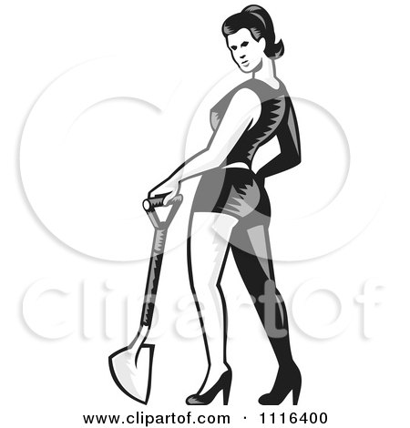 Clipart Retro Woodcut Pinup Woman Standing With A Shovel - Royalty Free Vector Illustration by patrimonio