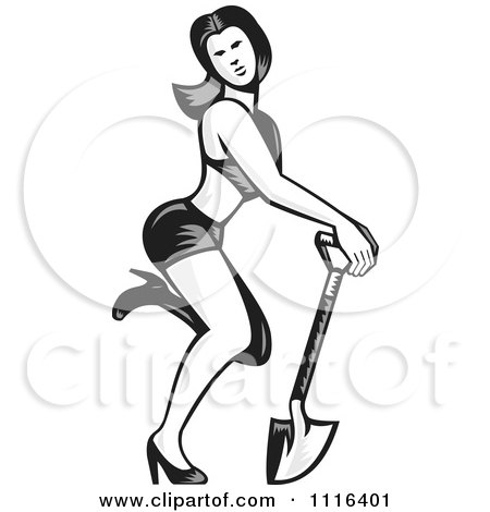 Clipart Retro Woodcut Pinup Woman Kicking A Leg Back And Posing With A Shovel - Royalty Free Vector Illustration by patrimonio