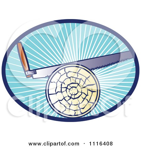 Clipart Cross Cut Hand Saw Cutting A Log In A Blue Oval Of Rays - Royalty Free Vector Illustration by patrimonio
