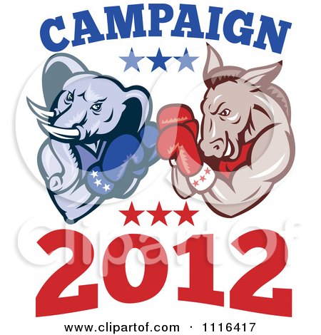 Clipart Democratic Donkey And Republican Elephant Boxing With Campaign 2012 Text - Royalty Free Vector Illustration by patrimonio